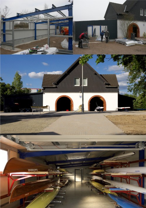 Zeigt den Anbau an die Seehalle im Baufortschritt mit Pflasterung der Zufahrt und Innenraumansicht.